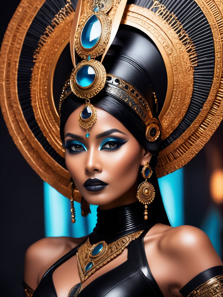 A tan skin indian goddess all black sleek futuristic outfit, with huge headpiece center piece, clean makeup, with depth of field, fantastical edgy and regal themed outfit, captured in vivid colors, embodying the essence of fantasy, minimalist