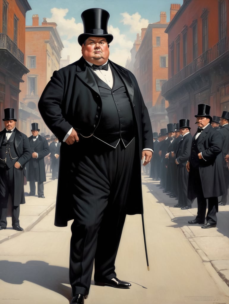Portrait of a very rich obnoxious and polished fat businessman, wearing a black tailcoat and a black top hat, looking up with an arrogant look, standing in the middle of the street, early 19th century, style by Gil Elvgren