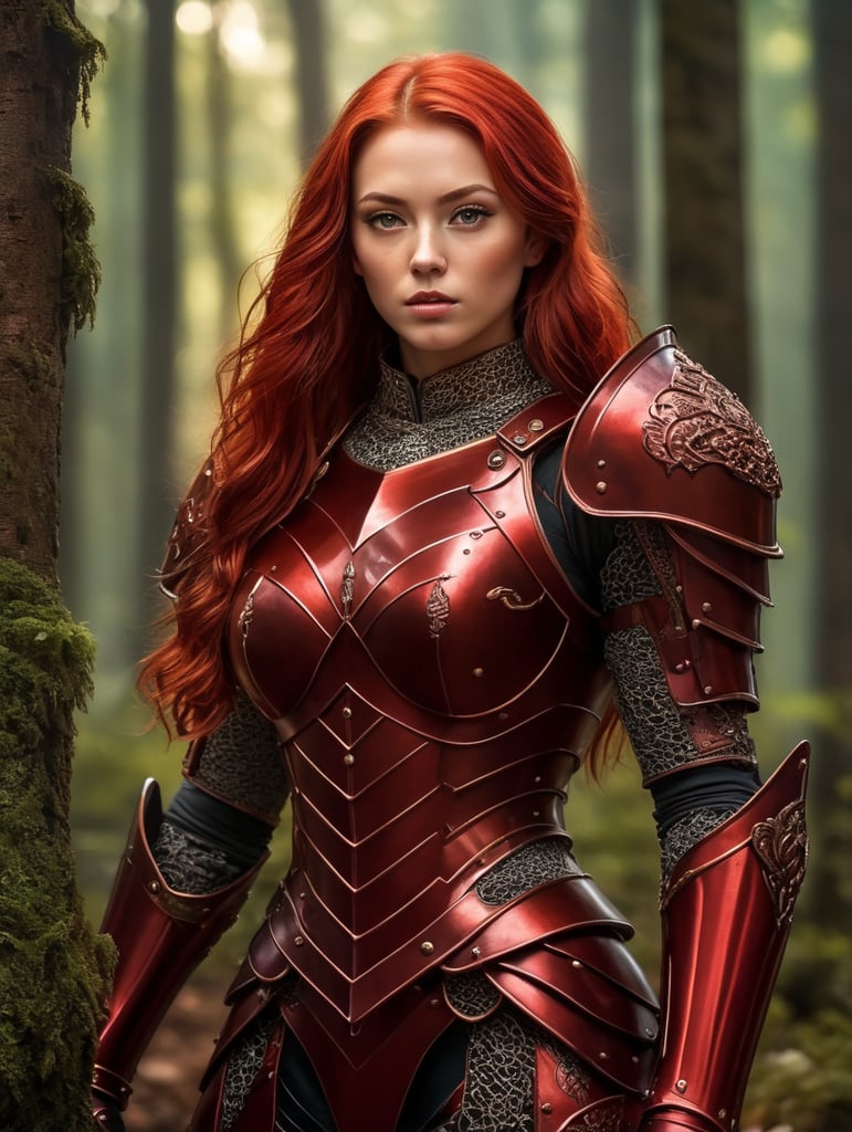 A young beautiful girl in red armor and red hair against the backdrop of a forest in red-burgundy tones, blurred background, focus on the girl, detailed armor, Dramatic Lighting, Depth of field, Incredibly high detailed