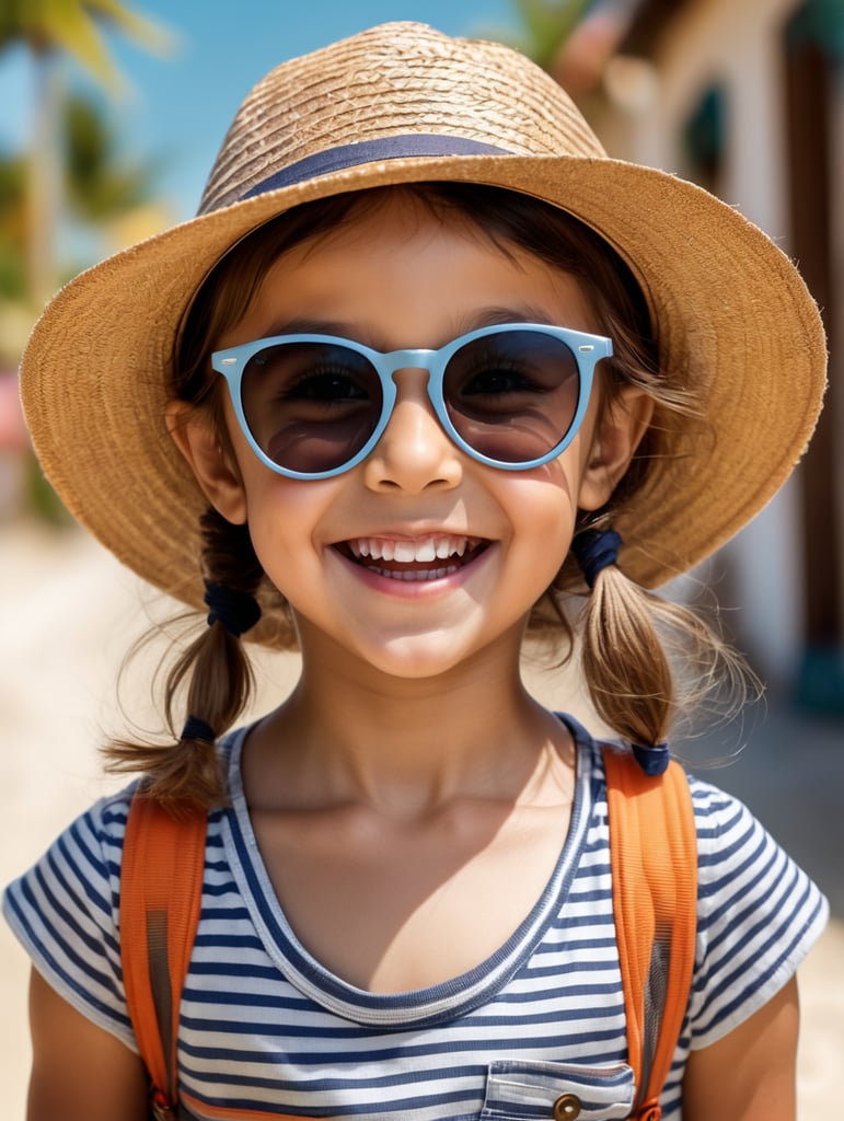 photo happy little girl going to travel, cute girl, Striped T-shirt, straw hat, sunglasses, harpers bizarre, cover, headshot, hyper realistic