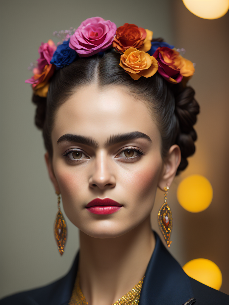Portrait of Frida kahlo, bright and saturated colors, elegant, highly detailed, vogue, fashion magazine, sharp focus, Bright expressive makeup, Dramatic Lighting, Depth of field, Incredibly high detailed, blurred background