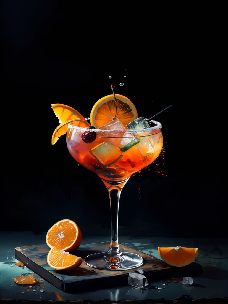 gin cocktail with dried slices of fruit, salt on rim, studio lighting