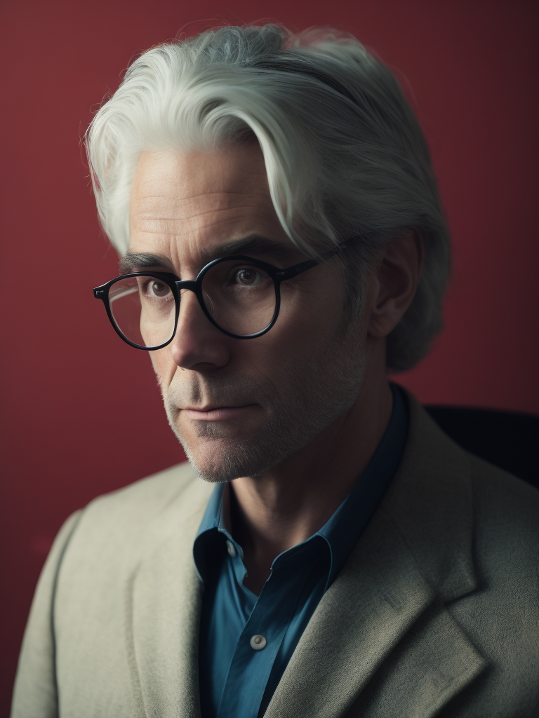 Portrait of an American man in a light suit with white hair wearing glasses with black thick rims, portrait in the style of advertising 50s, red background, sharp focus, highly detailed, vintage advertising, retro style
