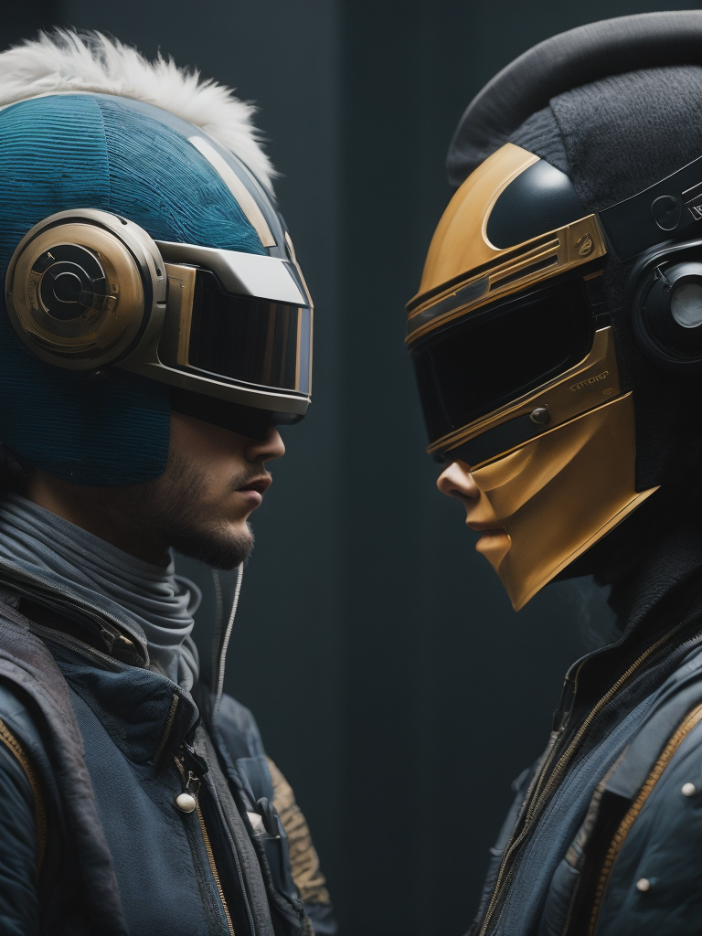 Daft Punk in a Native American style, realism, photorealism, futuristic, high resolution, cyberpunk background, cinematic