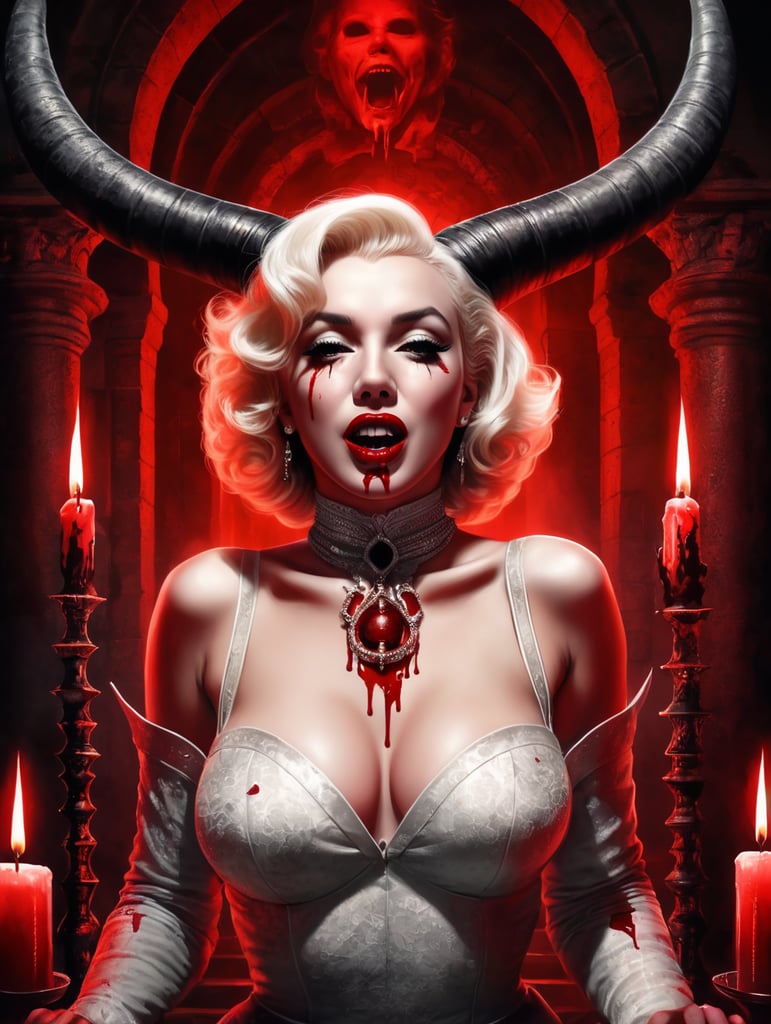 marilyn monroe com chifre e olhos 100 pretos e sangue na boca, como se estive possuida, num castelo com luzes vermelhas, vela e morcegos