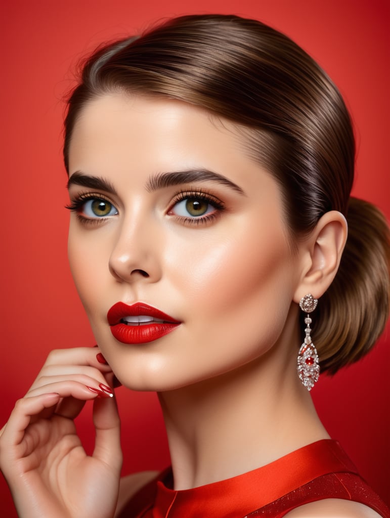 Portrait of Sami gayle, Bright colors, contrasting light, high detail, red background, red lipstick,