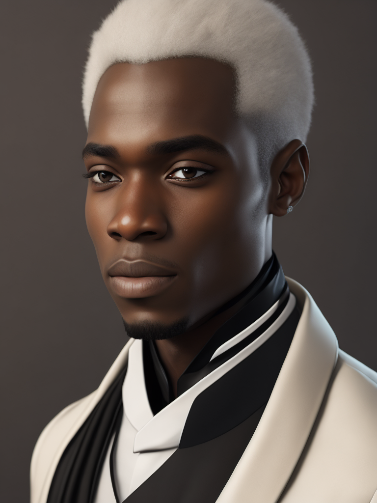portrait of young man with black skin, short white hair, dressed in a tailcoat, intricate, elegant, highly detailed, digital painting, concept art, sharp focus, ultra realistic, Dramatic Lighting, Depth of field, Incredibly high detailed