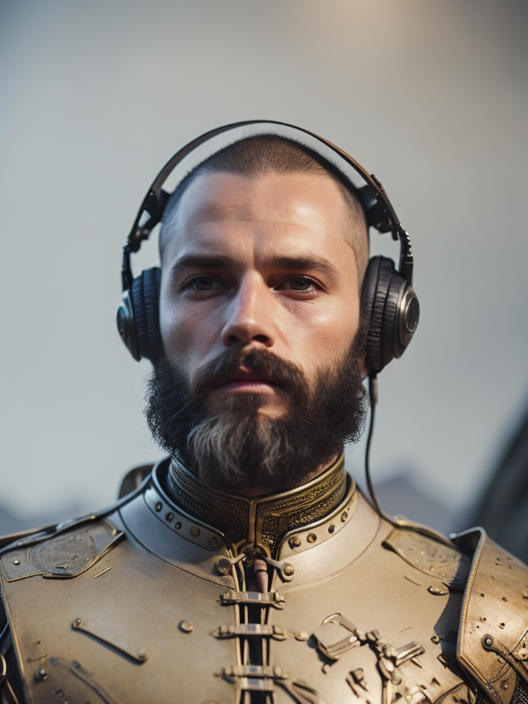 viking from buduzhego with headphones in golden armor, tattoo on the neck of windizel