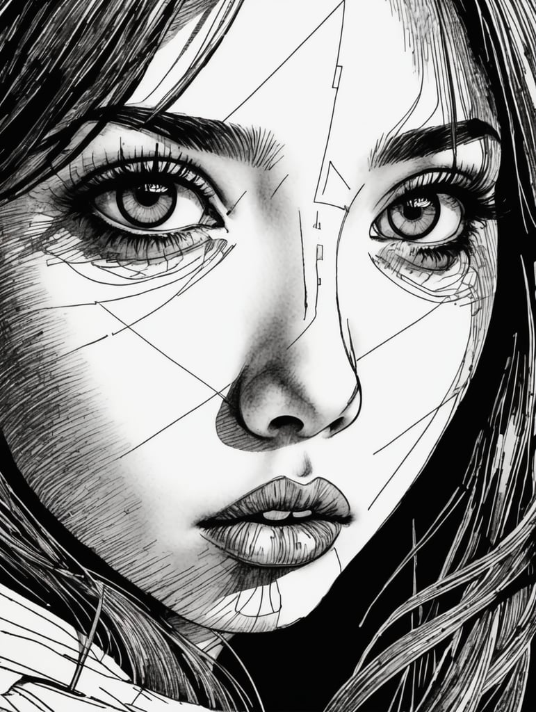 Scratchy pen strokes, blind contour, fisheye perspective closeup, beautiful girl, s face in darkness, stark hatch shaded sketchy scribbly, ink, strong angular shapes, woodcut shading, pen strokes, pouty lips, hungry eyes, minimalist realistic, anime proportions, distorted perspective