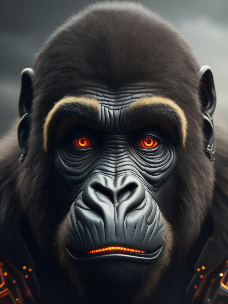 cybernetic gorilla, hyper-realistic, cyberpunk style, sharp on details,