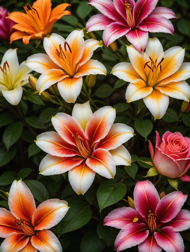 create a vivid colorful a4 size cover page for coloring book on flowers. white background many colorful flowers make the cover bright and vivid where the flowers are overlapping each other, include roses lily's and other flowers on the cover page make the colours bright in two tone and let the colours pop