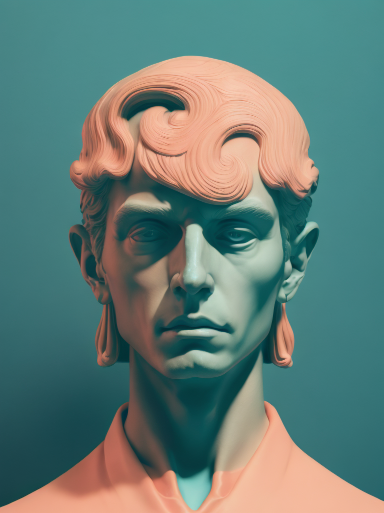 Human head on a pink colored background, in the style of dark cyan and light aquamarine, neoclassical sculptures, photo - realistic techniques, light cyan and orange, fluid photography, photo - realistic hyperbole, neoclassical figures, live eyes