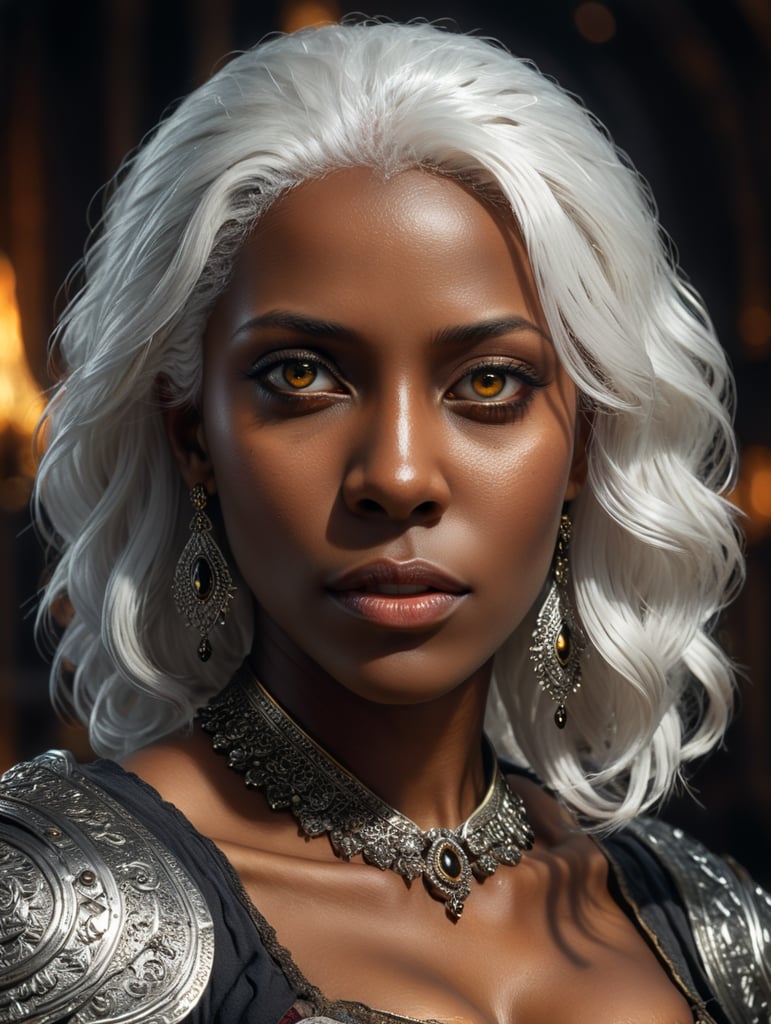 A dark-skinned black woman with white hair and dark-colored eyes