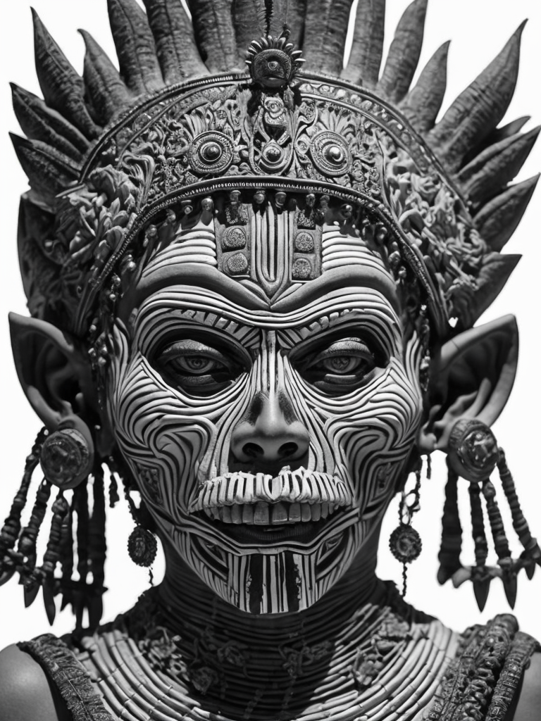 In this powerful and evocative image, mictlantecuhtli, the ancient aztec god of the underworld, emerges in all his ominous glory. rendered predominantly in stark black and white, with subtle gradations of gray, the depiction showcases the deity's menacing presence and serves as a testament to his authority. mictlantecuhtli's face embodies an intense fury, with furrowed brows and eyes ablaze with anger. his facial features are sharp and defined, with deep-set eye sockets that pierce through the darkness. elongated, bony structures form his skeletal visage, accentuating the otherworldly nature of his being. jagged teeth, stained and yellowed, protrude menacingly from his mouth, capturing his ferocity and instilling fear in those who behold him. the environment surrounding mictlantecuhtli reflects the essence of his era, transporting us to the aztec underworld known as mictlan.