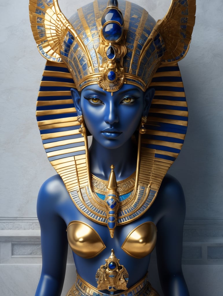 mythology goddess creature with Tutankhamen mask made of azulejo’s white and blue, gothic, gold, Neoclassical, elegant, beauty, antique classical, masterpiece, Canon50, Beautiful Lighting, Sad, highly detailed, detailed facial features, unreal engine, Octane Render, very detailed eyes, symmetrical eyes, mythology, hd, 3d, hq,