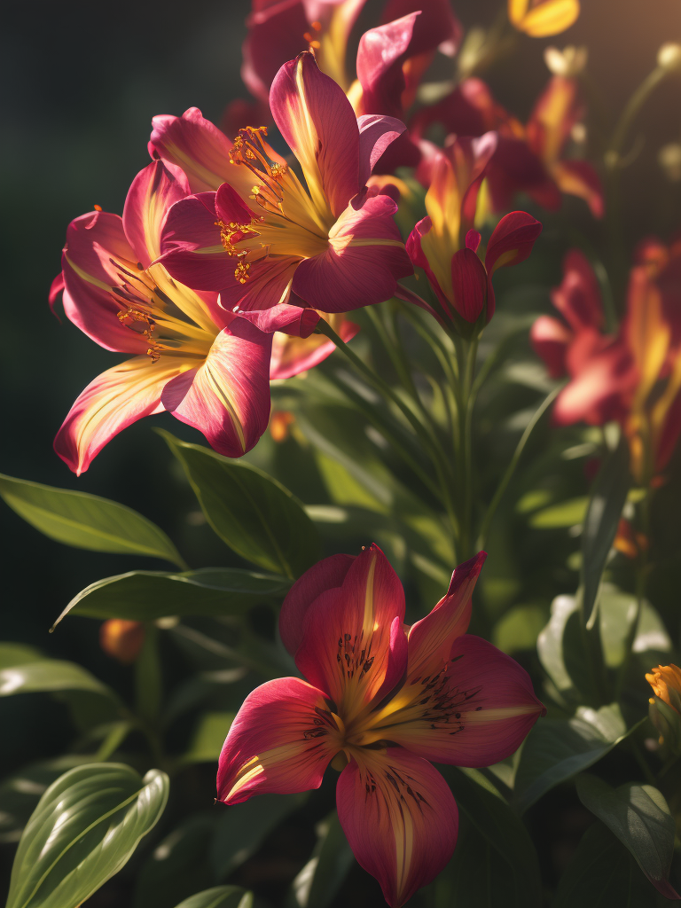 цветы альстромерия, светит солнце в саду