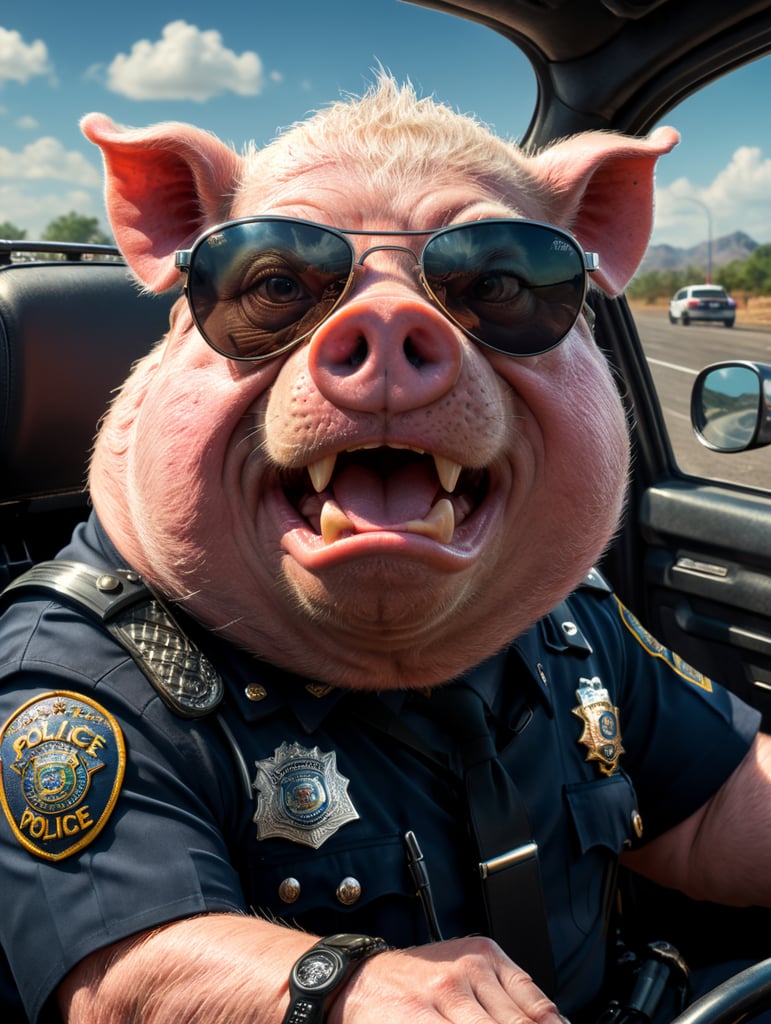 A angry pig police officer, sitting behind the wheel of a police car, close-up shot, sunglasses, clipart, stock photo