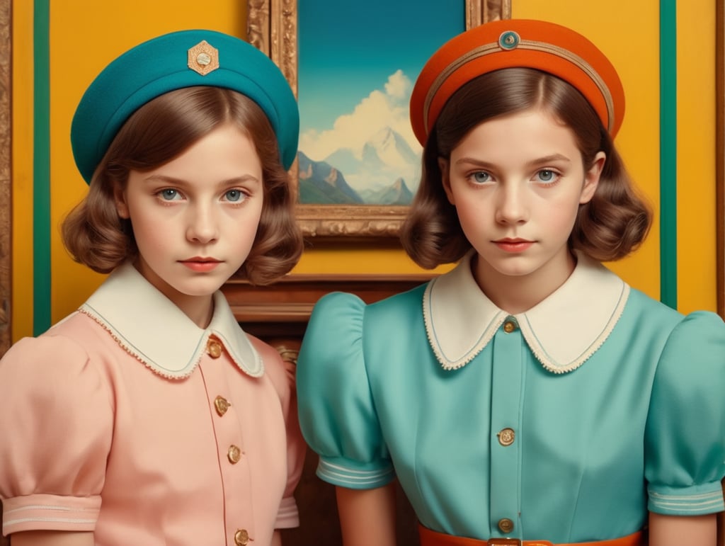 Vintage portrait of two girls, Wes Anderson style, Incredibly high detail, Bright colors