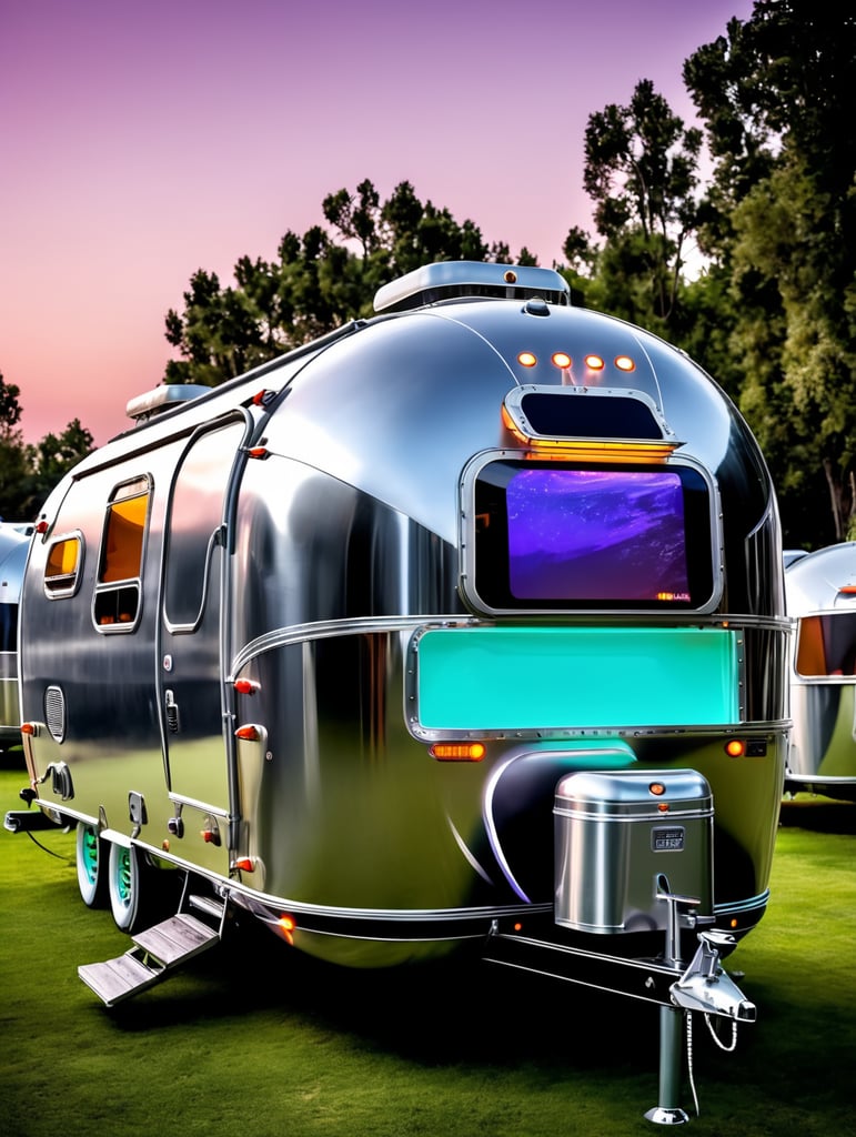 Futuristic alien Airstream camping trailers, steampunk and neon, cyber technology
