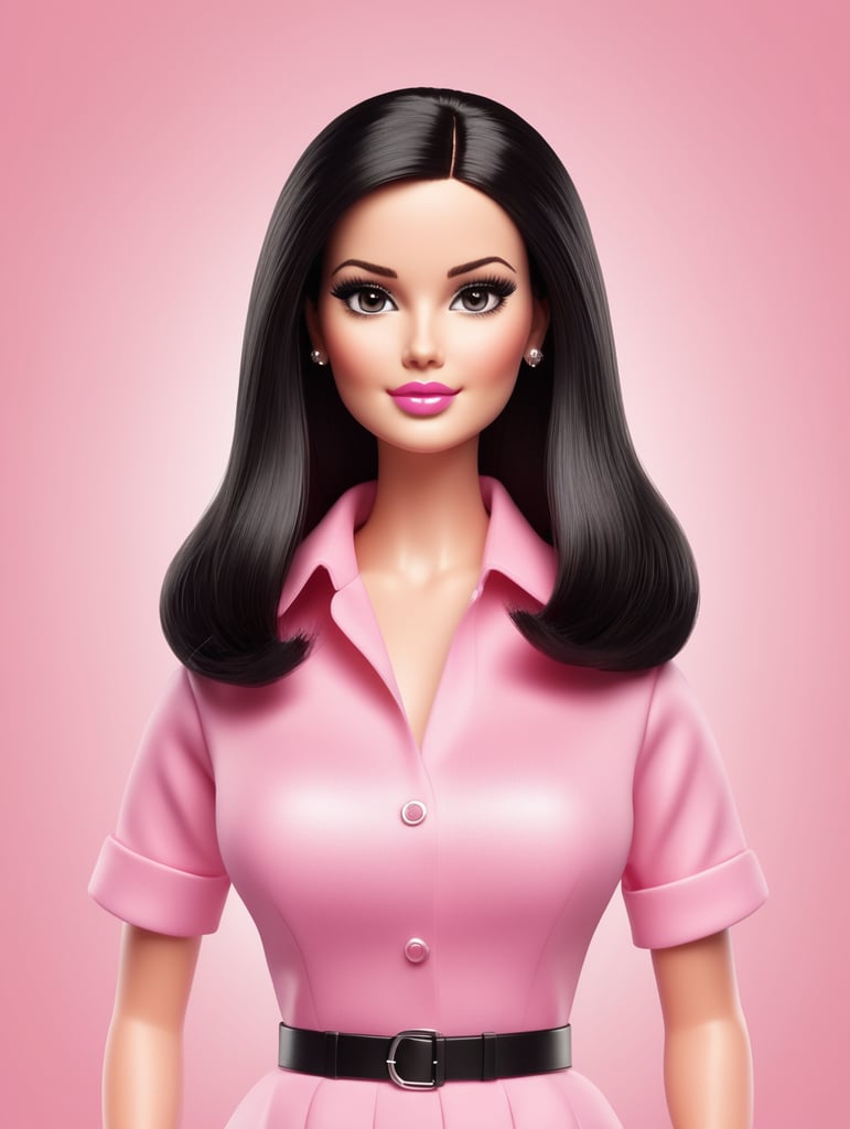 Simple vector illustration of an adult barbie, oval face with thick body, white skin color, black straight hair wearing pink clothes