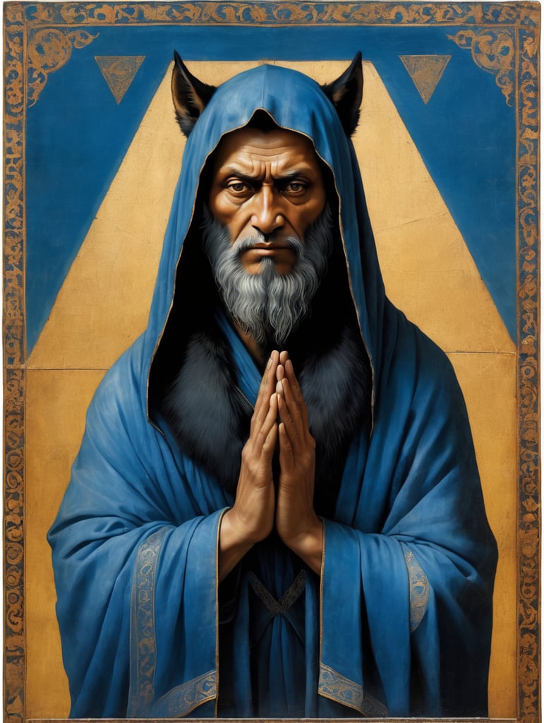 icon painted by Leonardo Davinci, portrait of a human with a black angry Wolf head, clothes in a blue coverlet, hand crossing fingers, glow around the head in the form of a triangle