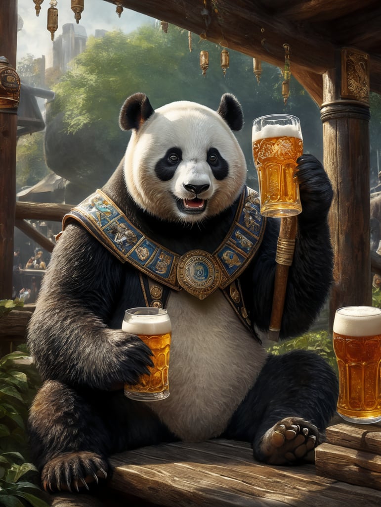 A panda bear drinking an Oktoberfest beer at the zoo.