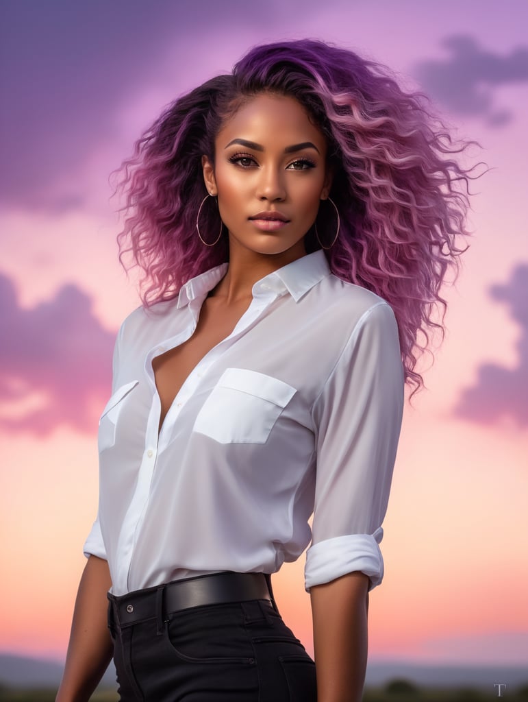 a woman with afro hair and a white shirt is standing in front of a purple sky with clouds and a pink hair, upperbody, midriff, Brom, flat colors, a character portrait, digital art, dark-skinned_female, dark_skin, navel_piercing, off_shoulder, pink_hair, purple_background, sky, long_hair