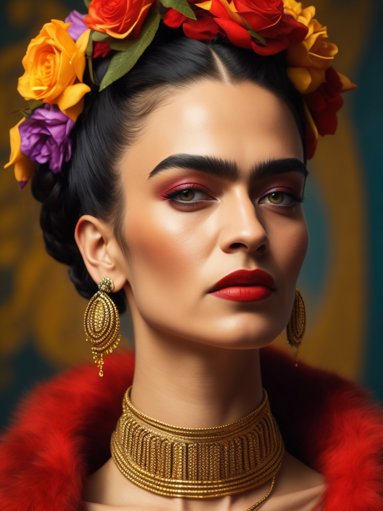 Portrait of Frida Kahlo, bright and saturated colors, elegant, highly detailed, vogue, fashion magazine, sharp focus, bright expressive makeup, dramatic lighting, depth of field, incredibly high detailed, blurred background