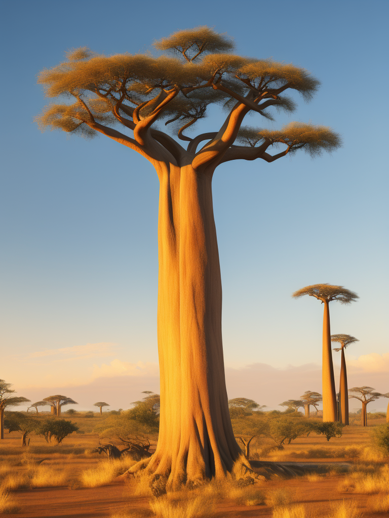Baobab tree, savanna, sunset, high detail