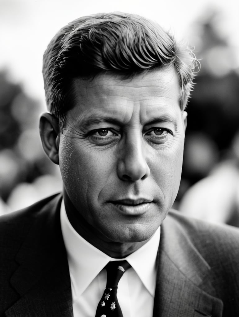 A black and white 1950's photograph of John F Kennedy, film photography, 50mm, blurred background.