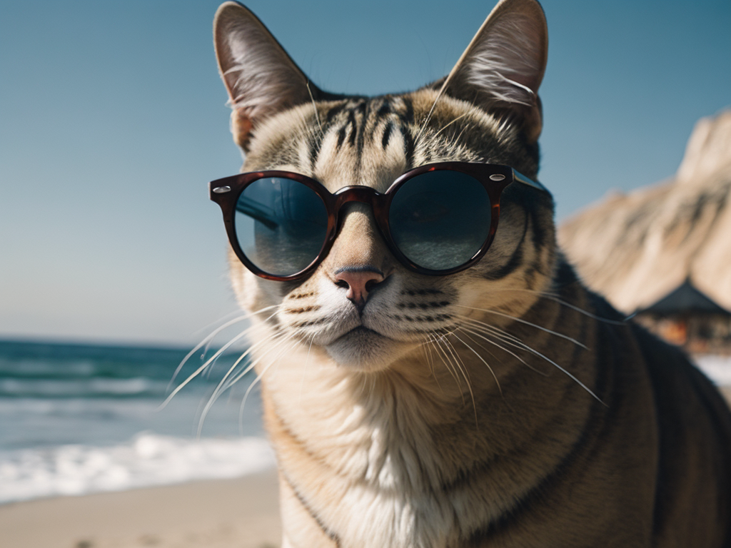 Cool cat hanging at the beach in sunglasses. Summer kitty by the sea. Sunbathing pet in shades. top