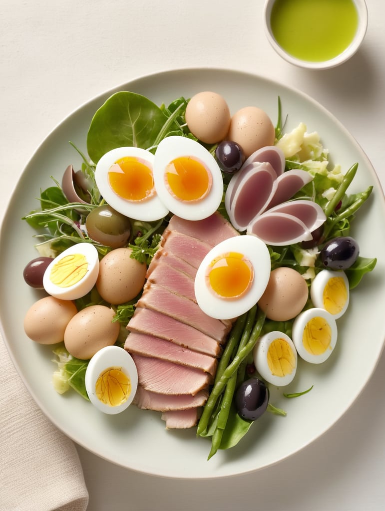 Nicoise Salad, small plate on a wooden table, Description: A French salad that features seared tuna, boiled potatoes, green beans, olives, hard-boiled eggs, and anchovies, all arranged on a bed of lettuce and dressed with vinaigrette.
