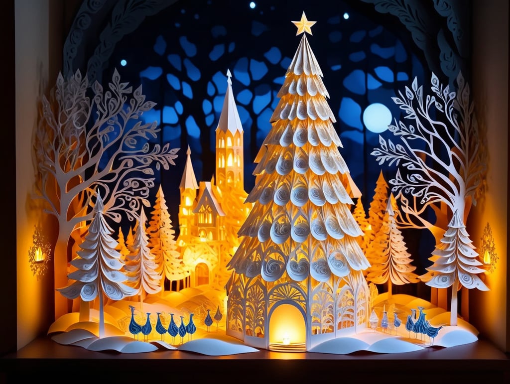 Christmas tree made up of wine gaffs and wine glasses. Christmas atmosphere in a candlelit palace with Christmas decorations. Night-time atmosphere.