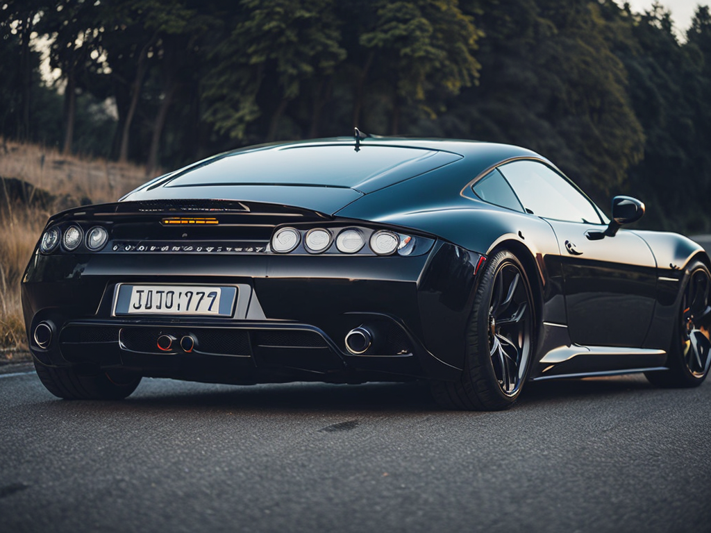 A luxurious sports car in a glossy black finish, speeding on an open road