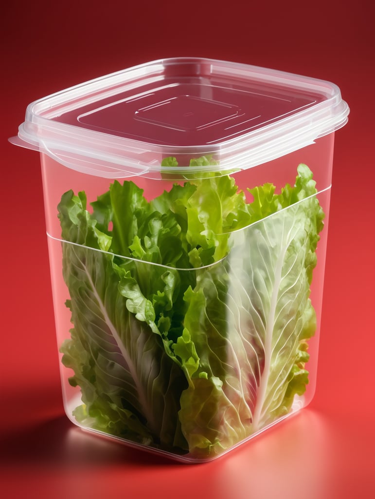 blank Transparent Plastic Container with Iceberg lettuce Salad, isolated, red background, Mockup, mock up