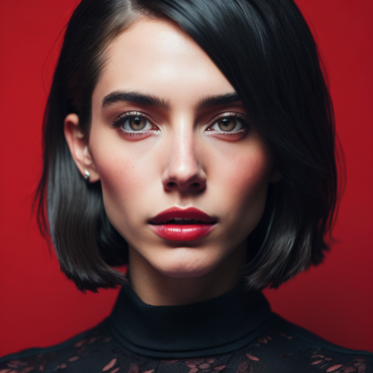 portrait a women with bob haircut, red background, black hair, black eye, light particles around