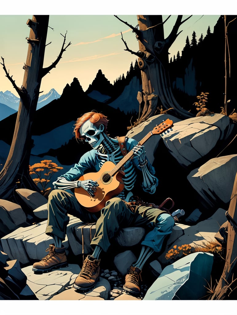Dead body playing a guitar, Sitting on a rock. Skeleton, mountains in the background. Climber clothing, Mountaineering boots. Ice axe stuck in the head. Charles burns illustration style