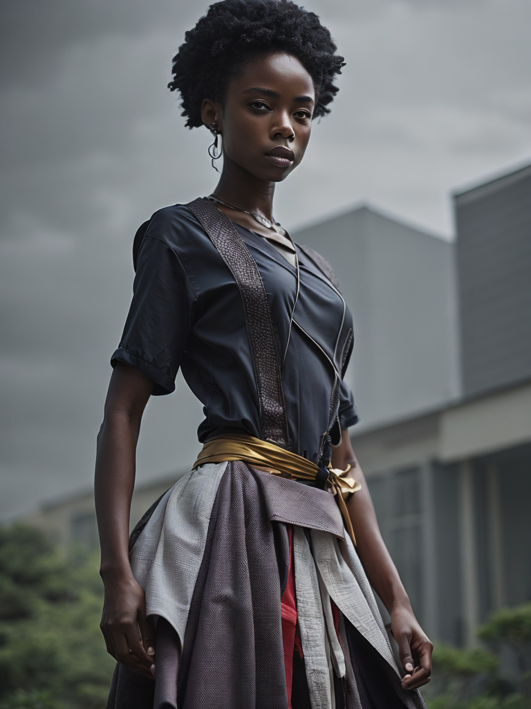 Create a full-body manga drawing of a young African character donning modernized traditional clothing, stretching their arms in a morning routine.