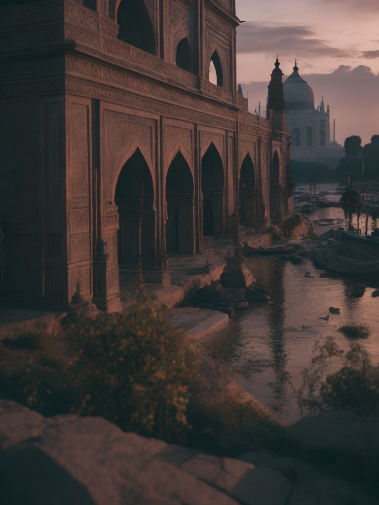 Taj Mahal, pink purple sunset,