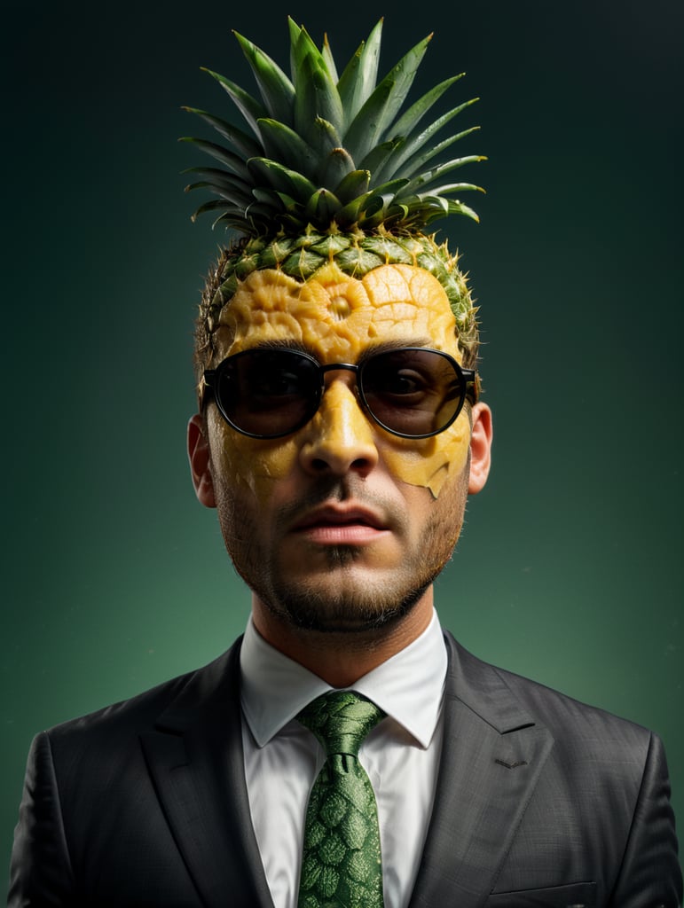 A man in a business suit with a pineapple for a head, green background, sunglasses, isolated