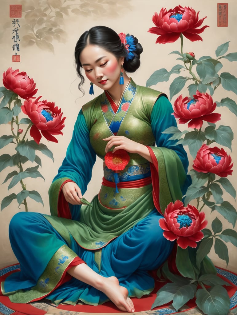 Female, classical, green skin, sitting with her feet up on a red peony flower, holding a blue peony flower in one hand and putting it down with the other hand, Thangka