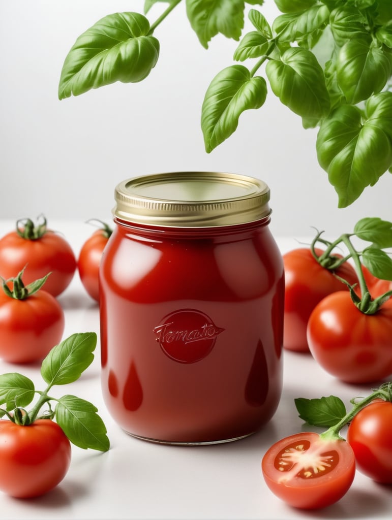 tomato ketchup jar, red tomato with green leaves, isolated, white background, mockup