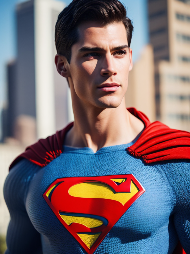 Portrait of a superman in a knitted suit, a blue suit with a red and yellow superman logo on the chest, a city in the background, a blurred background, professional shot, bright saturated colors, sharp focus, highly detailed