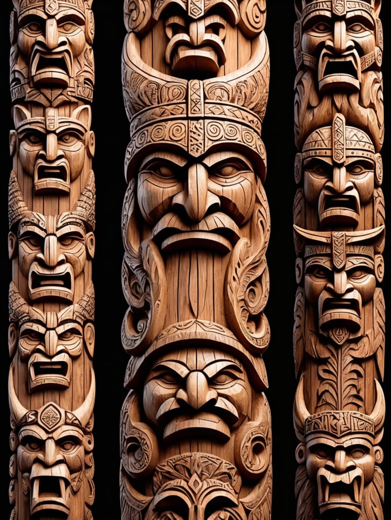 viking's wooden totem pole, viking faces carved, animals carved, traditional ornament around