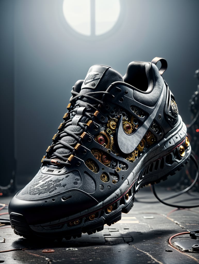 Nike sneakers made out gears, wires, mechanical, electronics, pcb, hyper-realis, futurist, stunning unreal engine render, product photography 8k, hyper-realistic. surrealism