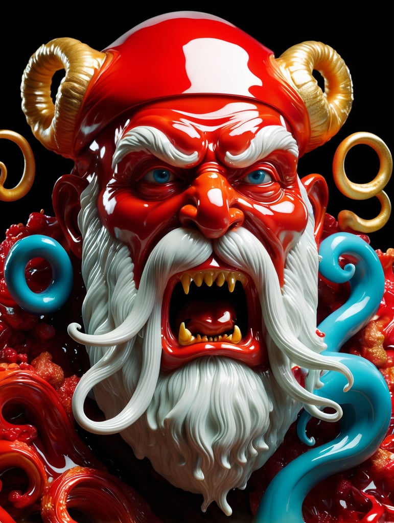 8k hyper realistic sculpture of (melting santa claus) (cthulhu:0.9) by alberto seveso nychos beatrix potter, wet and extremely glossy polycarbonate, highly detailed, vibrant, intricate accurate details, cinematic color grading, cinematic, artstation, Golden ratio, volumetric lighting, film grain, Fujifilm Neopan 100, Low shutter