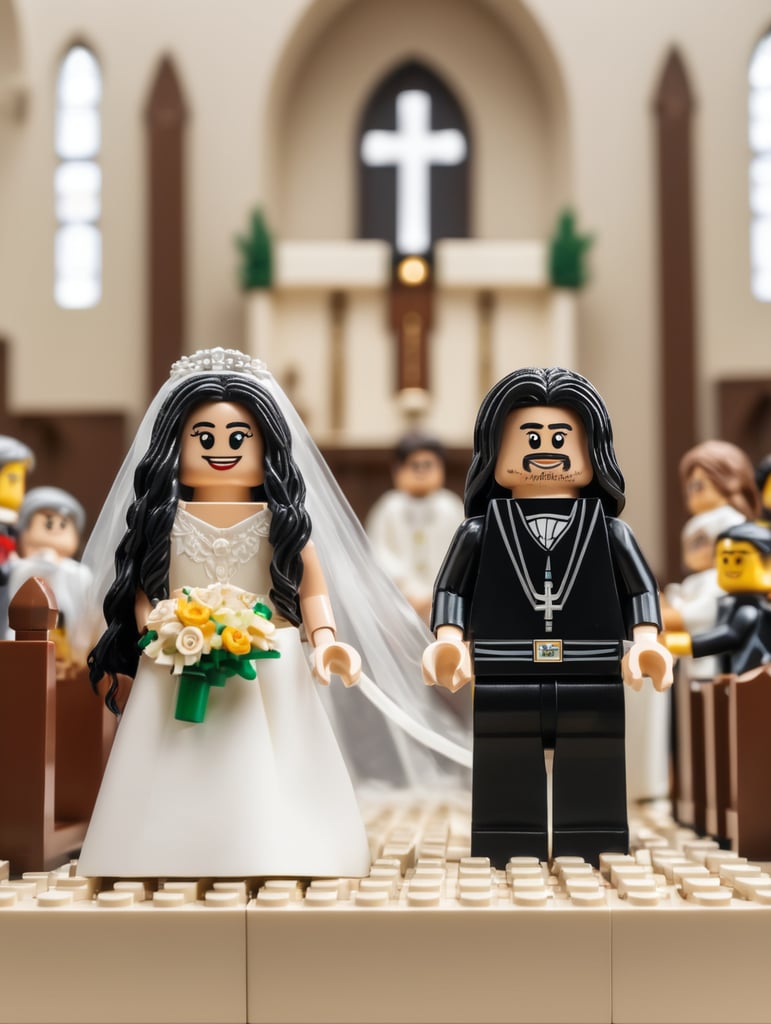 church weeding bride and long hair groom .with priest as a lego character. in church lego scene