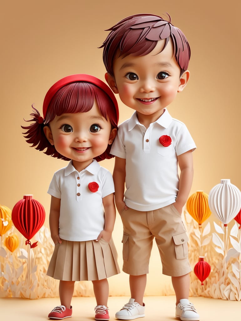 style vector , a Little boy and girl wearing white t-shirts,red scarf around the neck, standing in front of ping background, blank shirts no print, 3 years old smiling toddlers, photo for apparel mock-up