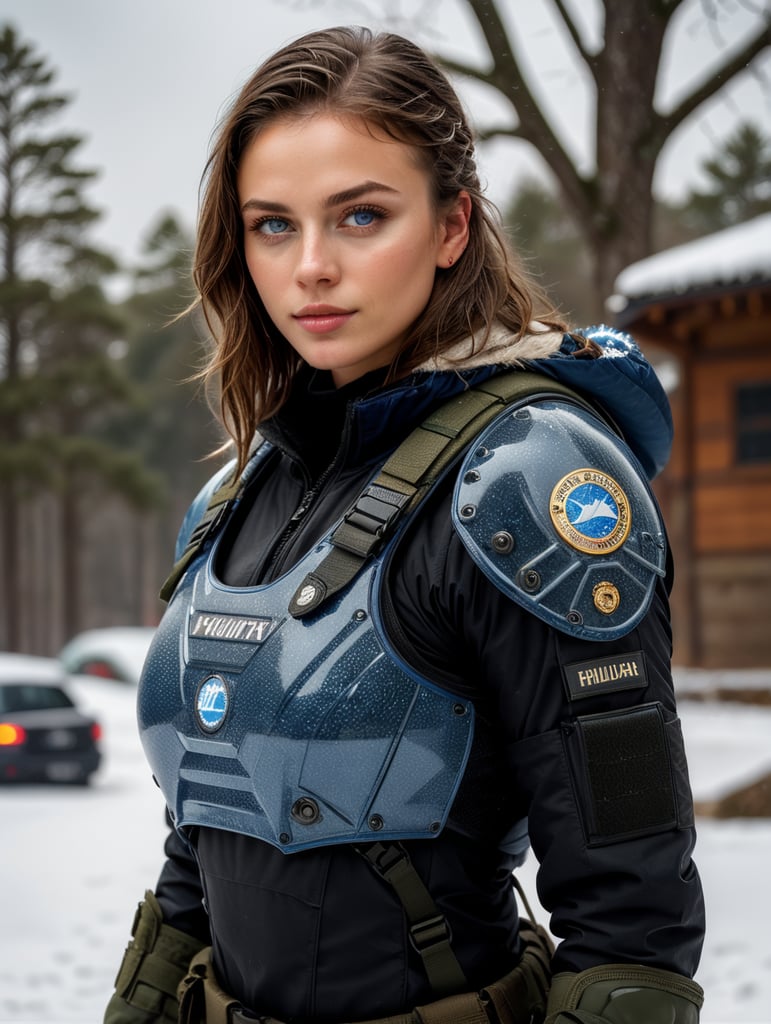 (photorealistic), beautiful lighting, best quality, realistic, full body portrait, real picture, intricate details, depth of field, 1girl, in a cold snowstorm, A very muscular solider girl with haircut, wearing winter camo military fatigues, camo plate carrier rig, combat gloves, (magazin pouches), (kneepads), highly-detailed, perfect face, blue eyes, lips, wide hips, small waist, tall, make up, tacticool, Fujifilm XT3, outdoors, bright day, Beautiful lighting, RAW photo, 8k uhd, film grain, ((bokeh))