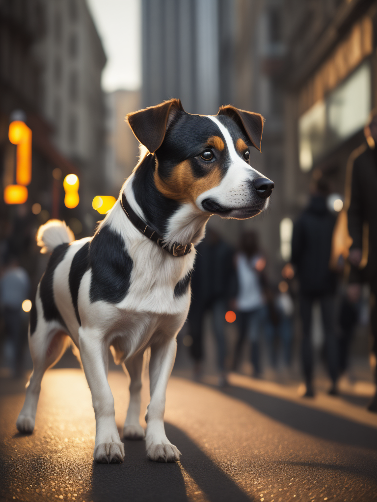 jack russell on a crowded sidewalk